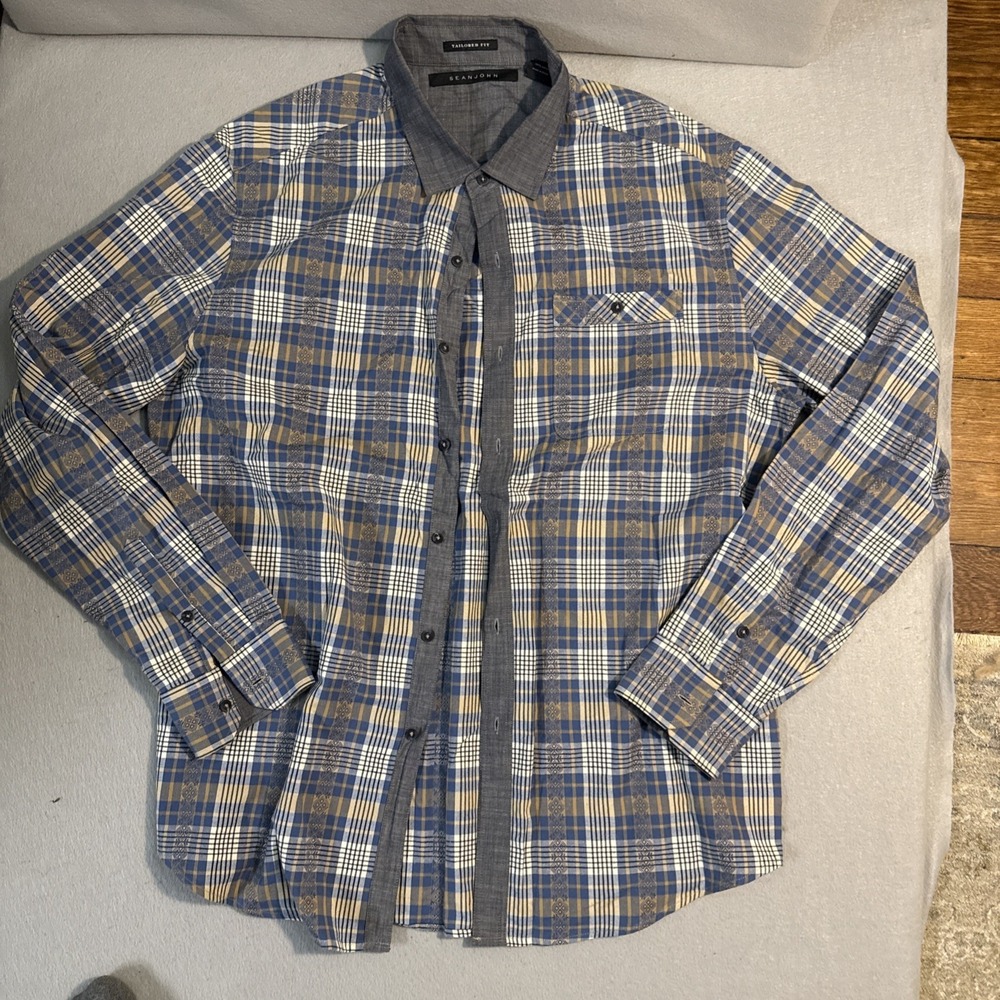 Sean John Shirt 3xl gray/blue mens‎ big plaid hip-hop button up retro vintage